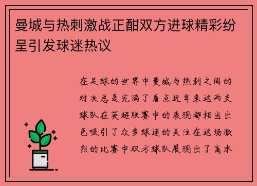 曼城与热刺激战正酣双方进球精彩纷呈引发球迷热议