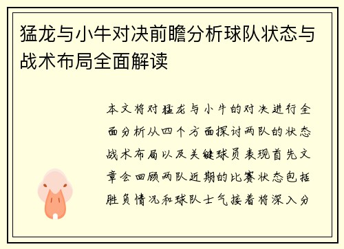 猛龙与小牛对决前瞻分析球队状态与战术布局全面解读