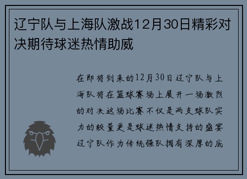 辽宁队与上海队激战12月30日精彩对决期待球迷热情助威